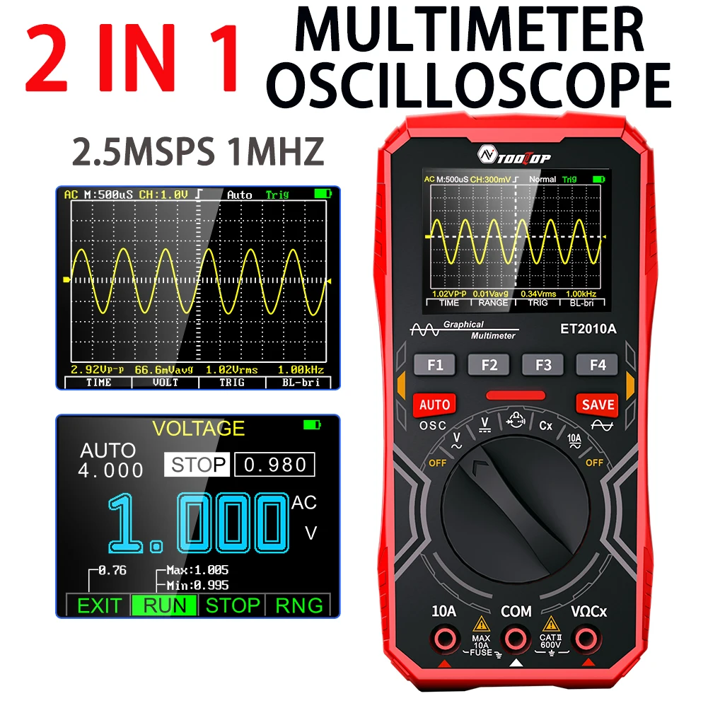 

TOOLTOP ET2010A Digital Oscilloscope Multimeter 1Mhz 2.5MSps Color Handheld Oscilloscope AUTO Waveform Electronic DIY Tools