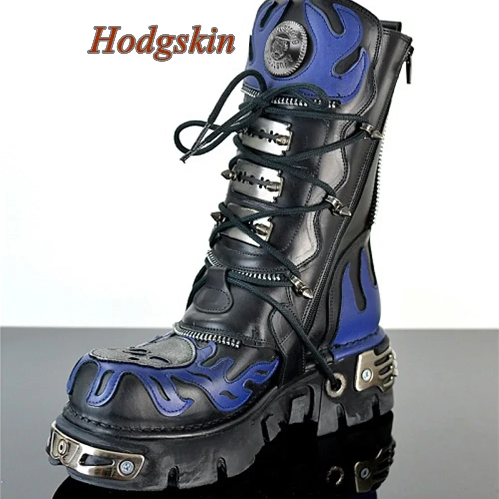 Metal Decoration Belt Buckle Boots Mid Calf Patchwork Chunky Heel Elastic Band Round Toe Boots Fashion Casual 2025 Newest Boots