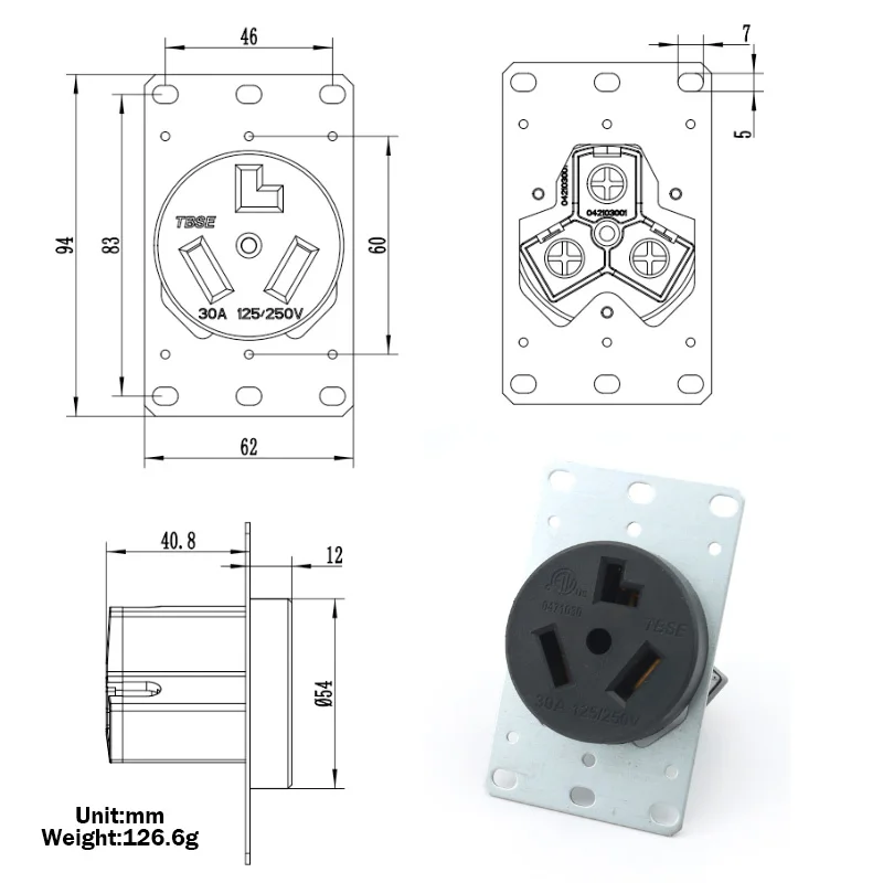 Black American NEMA 10-30R Copper Industrial Receptacle US Standard 30A 250V Power Outlet with 3-Wire Plug and Socket