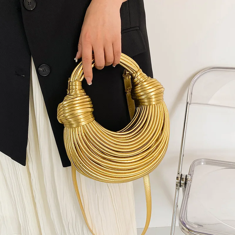 Women\'s shoulder bag Handbags 2024 New Gold Luxury Designer Handwoven Noodle Bags Rope Knotted Pulled Hobo Silver Evening Clutch