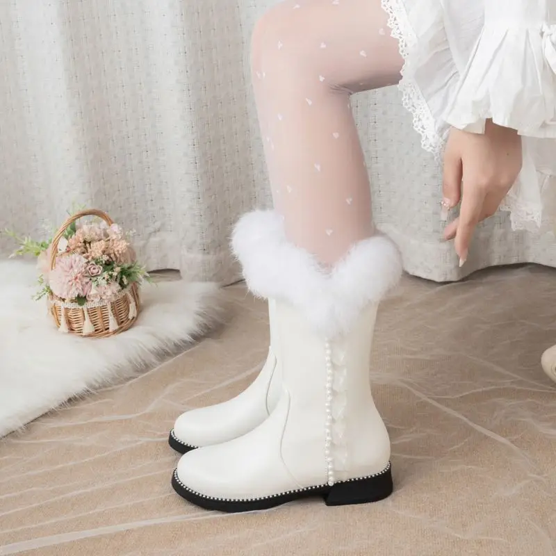 ORCHA LISA Милые сапоги до середины икры для девочек с круглым носком, толстый каблук 2,5 см, на молнии, с жемчужным кроличьим мехом, теплый розовый, черный, маленький размер 31-33, зима