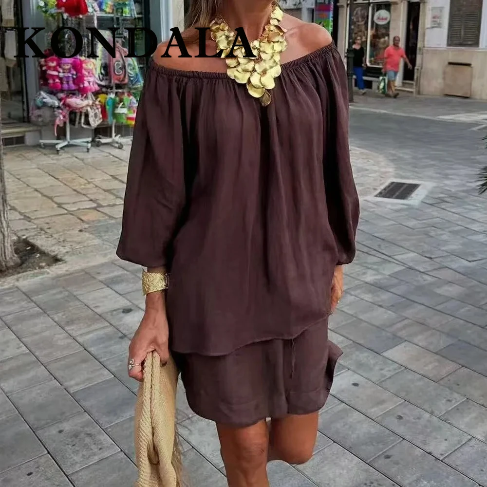KONDALA Vintage Chic Setelan Wanita Cokelat Bergaya Lipit Longgar Atasan Seksi Tanpa Lengan + Celana Pendek Mini Berikat Tali Fashion 2025 Kasual Setelan Wanita