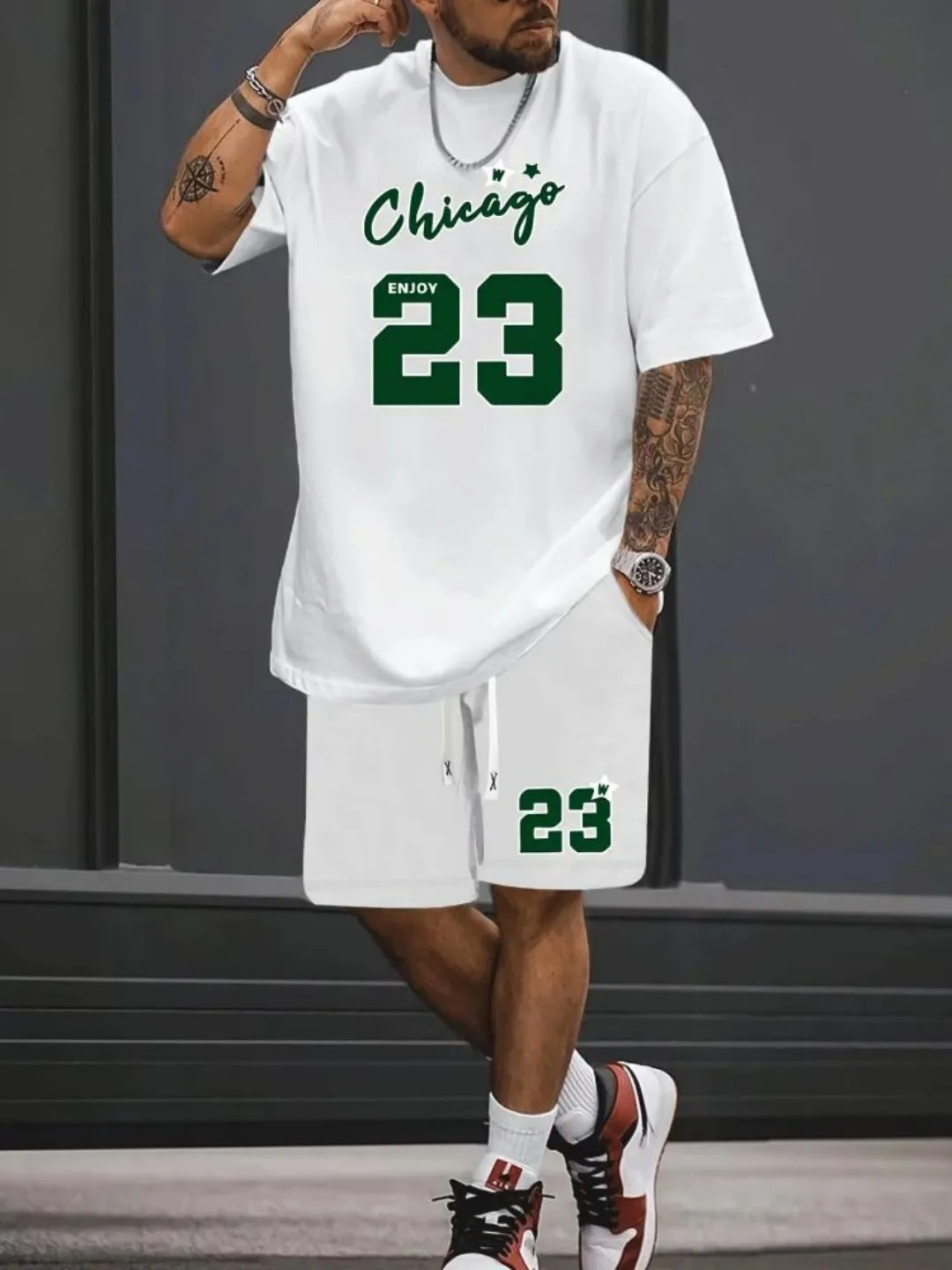 

The 2025 summer new men's set features 3D digital No. 23 print which is fashionable casual sporty and retro