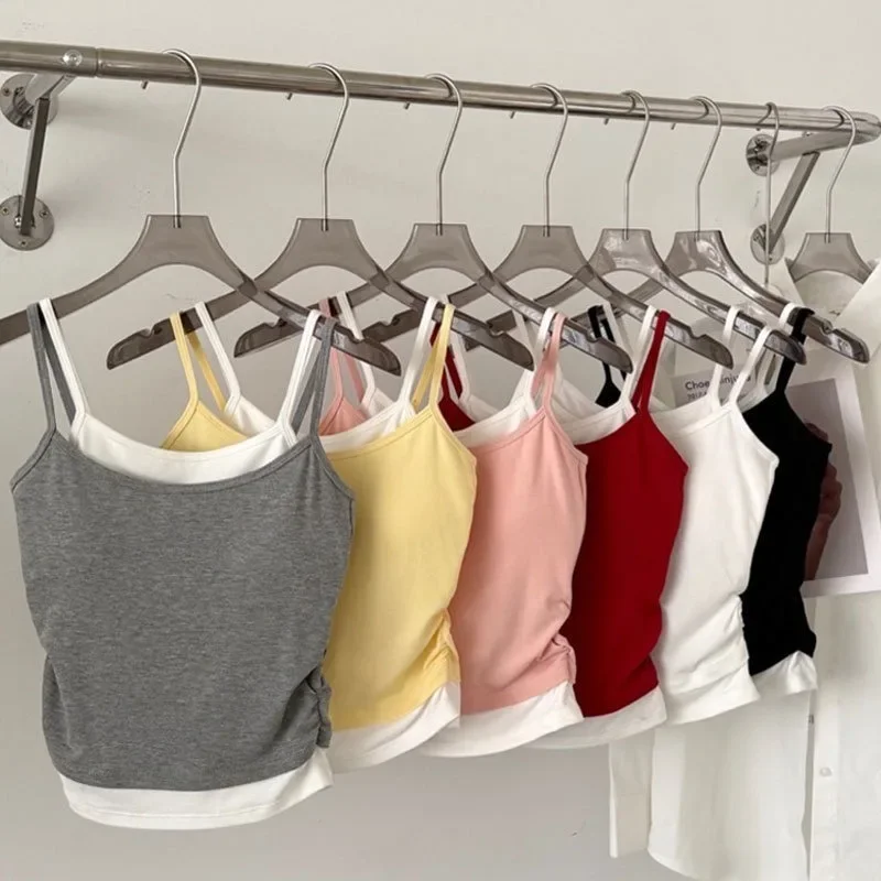 

Summer new Spice Girl fake two pieces contrasting color splicing pleats with chest pad versatile slim sports sleeveless top wome