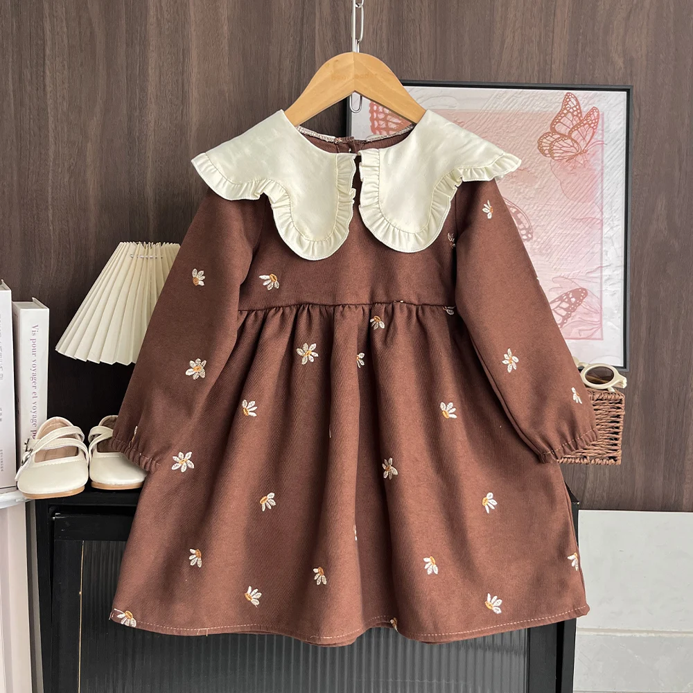 4-7 Year Old Girl Coffee Casual Lapel Long Sleeved Flower Embroidered Dress Countryside Style Autumn New