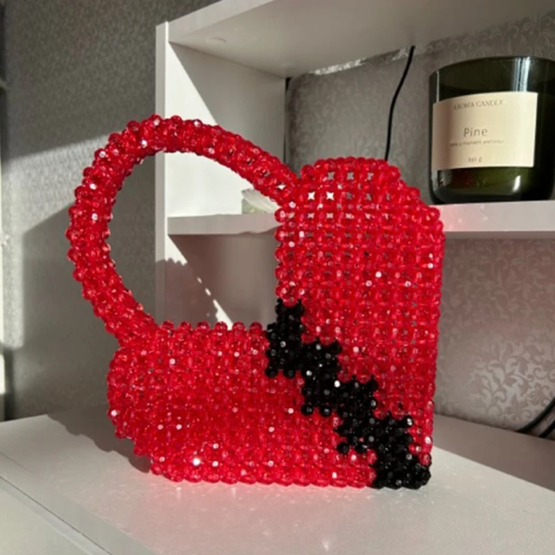 

New Women's Instagram Red Love Bag Valentine's Day Party Banquet Bags Beaded Splice Handmade Weaving Fashion Ladies Handbag