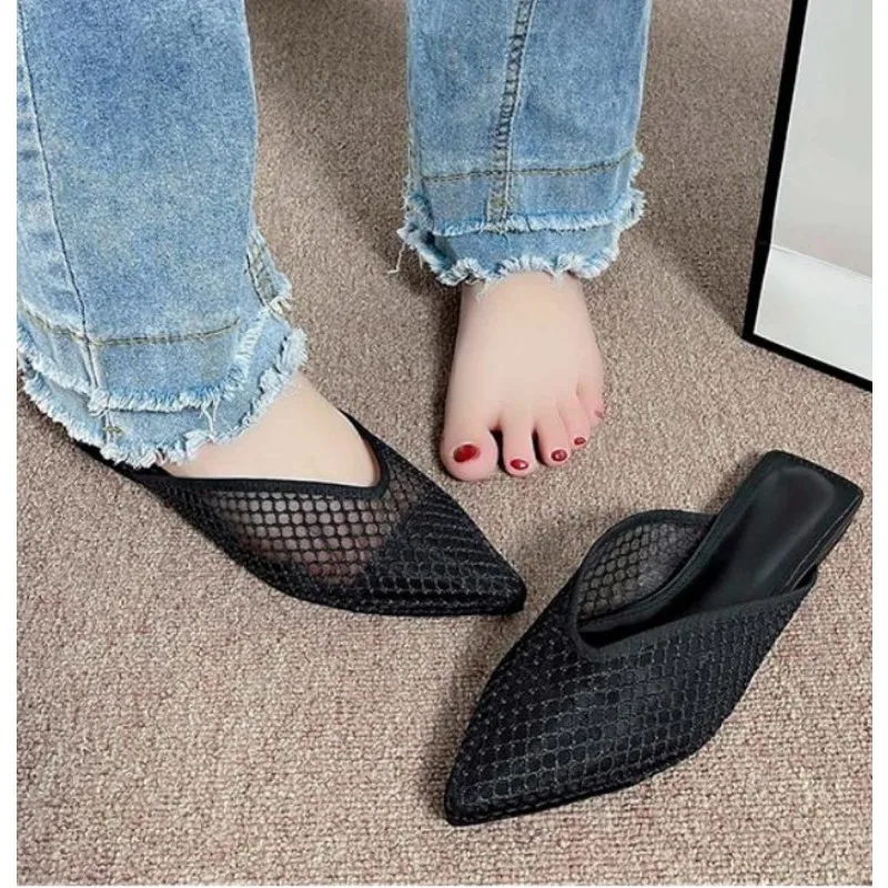 

New Mesh Women Flats Pointed Toe Slippers Fad Breathable Mules Shoes Casual Slingback Sandals Summer Slides Lady Flip-flops