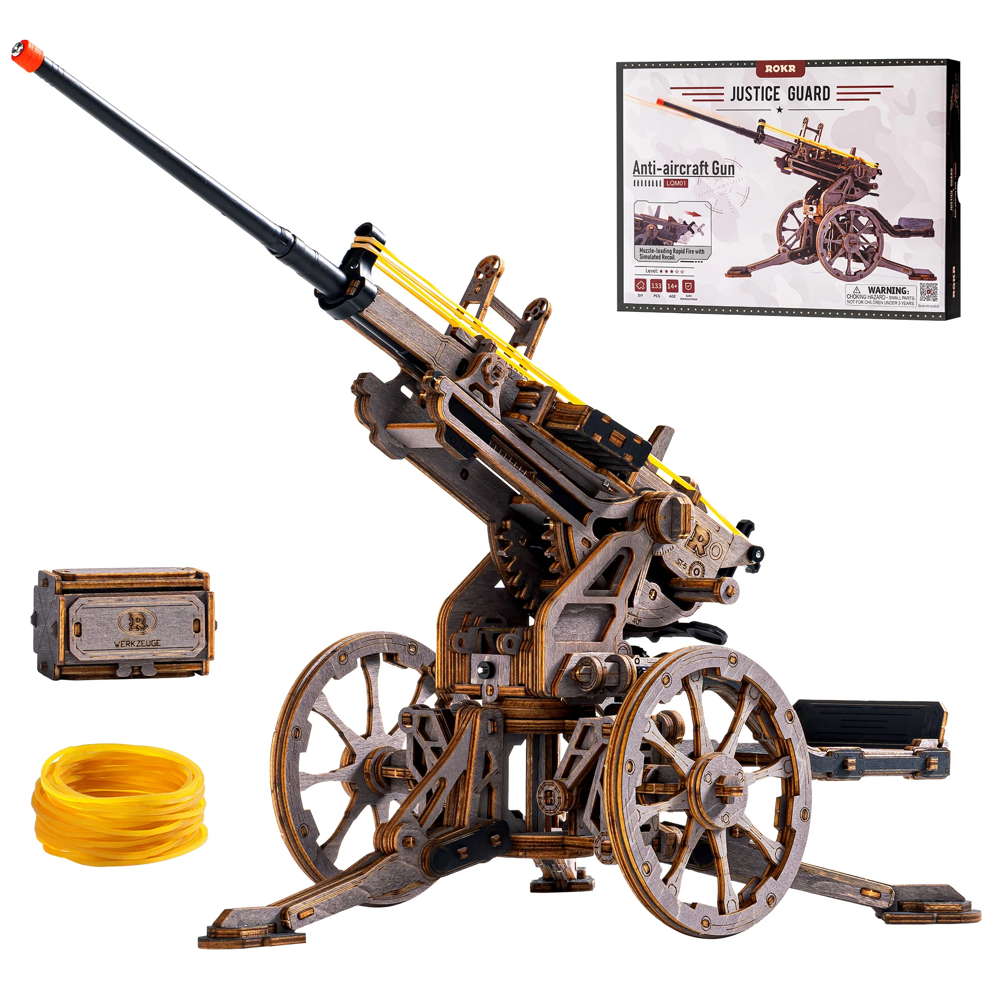 

ROKR Anti-aircraft Gun Wooden 3D Puzzle Mechanical Rubber Band Shooting Model Building Kit 133-Piece Puzzle Toys for Desktop Decor Gift for Adults Kids