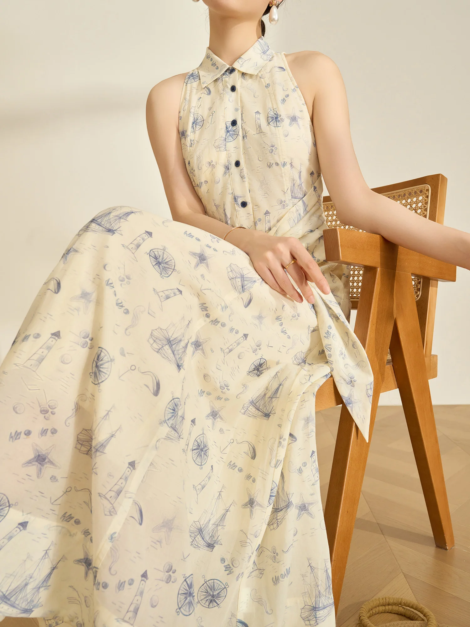 

Летнее женское платье-рубашка без рукавов с морским принтом, с завышенной талией и поясом, длинное, струящееся, в повседневном стиле, из полиэфирного волокна