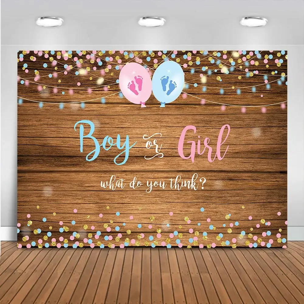 Mocsicka Boy or Girl Gender Reveal Backdrop Balloon Photography Background Wood Floor Glitter Dot Gender Reveal Party Photozone