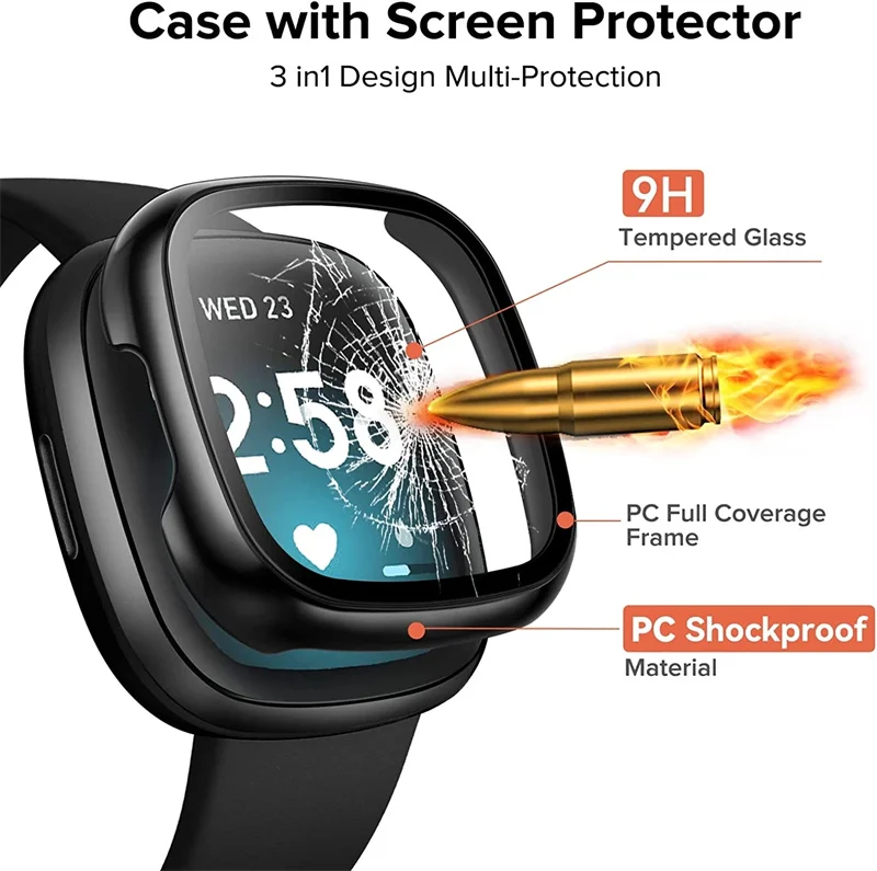 Glass+Case For Fitbit Versa 3/Sense Tempered Glass All-Around Protective Screen Protector Cover Bumper for Fitbit Sense/Versa 3