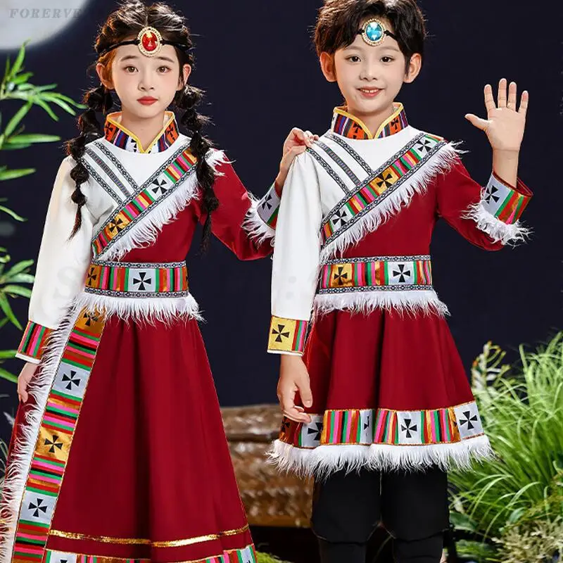 Children's Tibetan Dance Costume Traditional Chinese Ethnic Minority Clothing Boy Girl Nationality Stage Performance Clothes