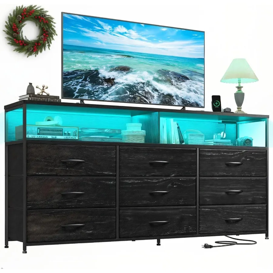 

Комод для спальни шириной 55 дюймов с 9 ящиками и светодиодной подсветкой: идеально подходит для 45 55 и 65-дюймовых телевизоров. Встроенные розетки S.