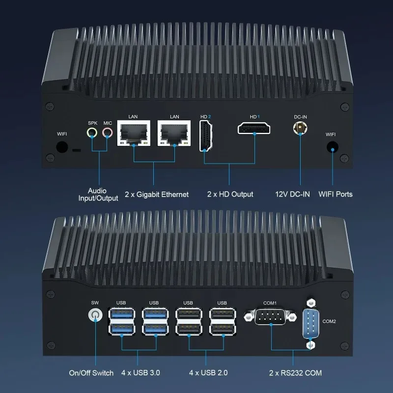4K Dual HDMI Fanless Computer, I5-8260U 8-Thread, Dual LAN & 8xUSB, COM/SIM, VESA Mount for Digital Signage