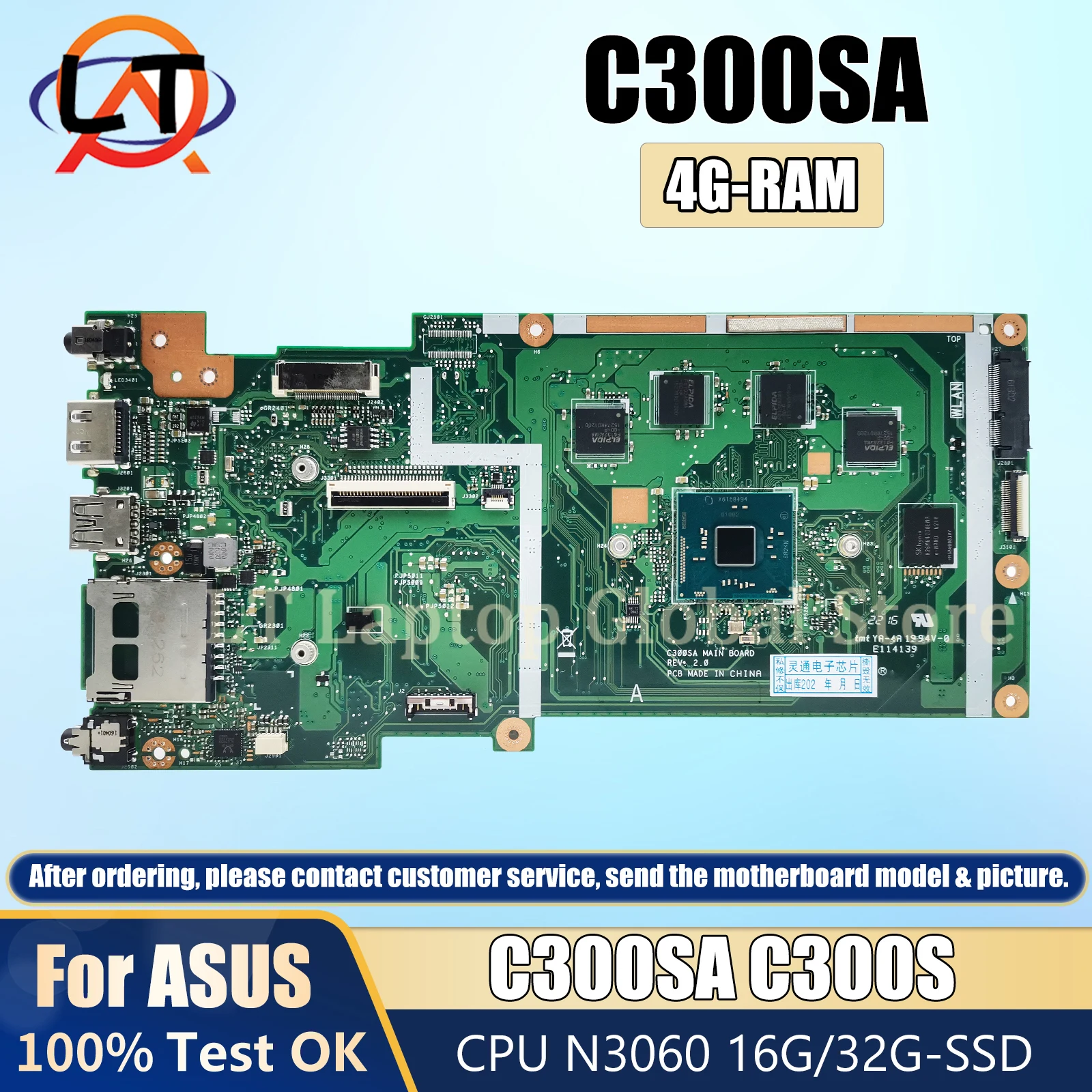 

C300SA Motherboard For ASUS Chromebook C300 C300S Laotop Mainboard N3060 CPU 4G-RAM 16G 32G-SSD Tested OK