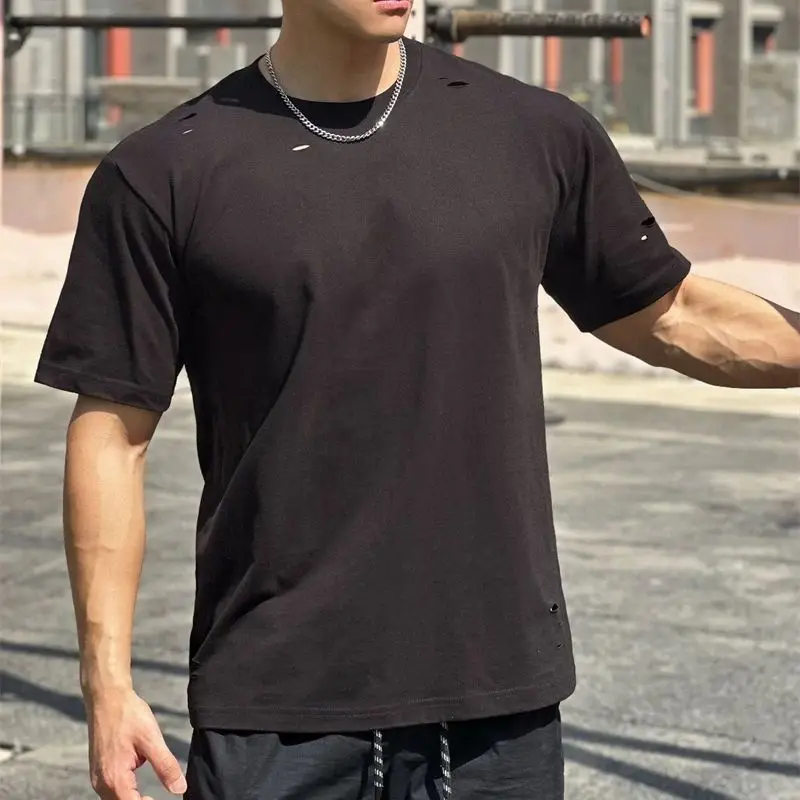 2024 summer new cotton trend men's T-shirt casual round neck short sleeve T-shirt top sports exercise fitness wear