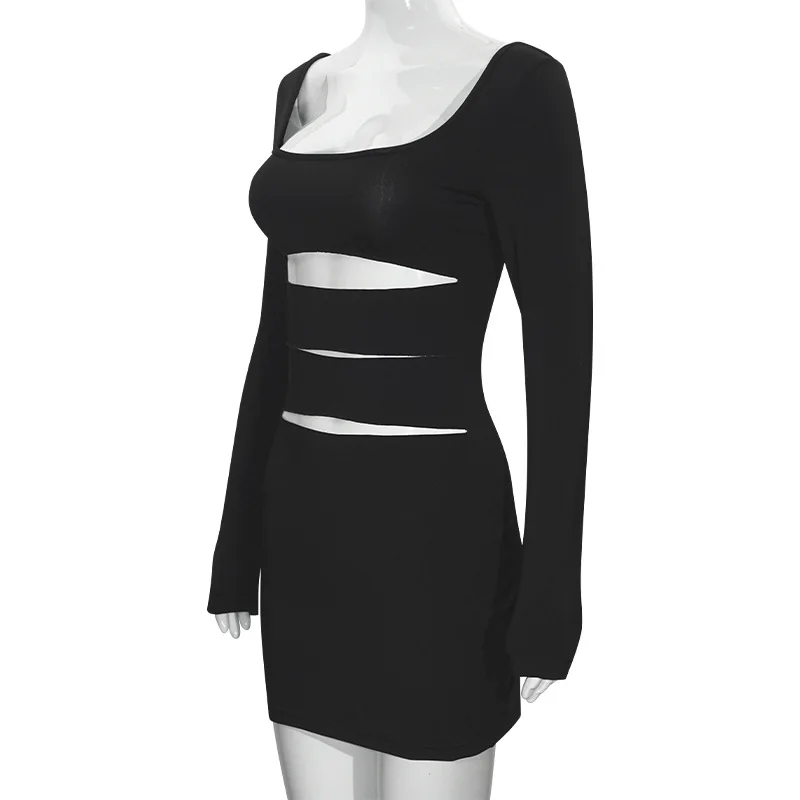 YUZHEXI Sukienka mini z dekoltem w kształcie litery U, z długim rękawem, wycięciem z przodu, damska, obcisła, krótka, czarna