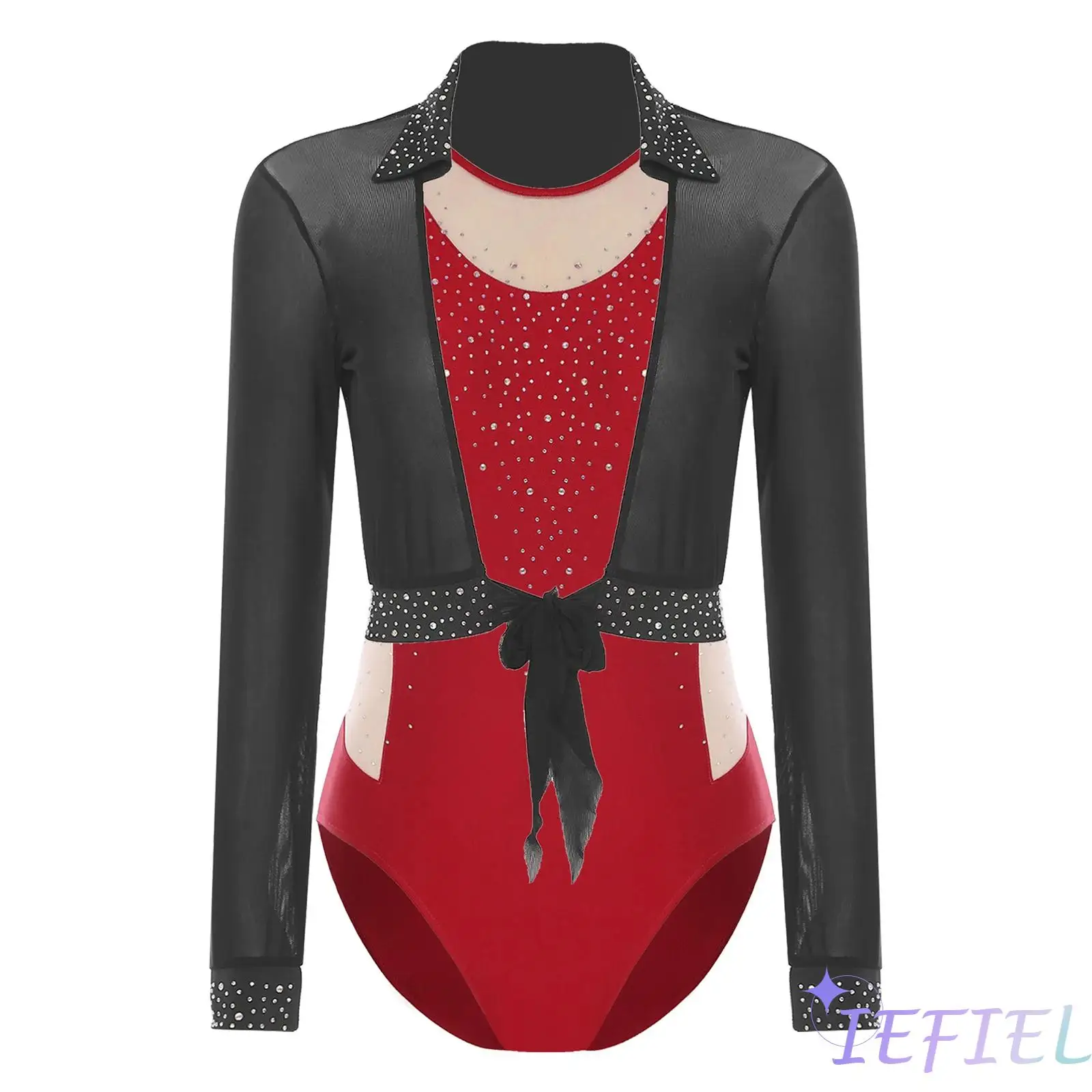 

Women Gymnastics Ballet Dance Costume Sleeveless Bodysuit And Long Sleeve Open Front Cardigan Crop Tops Rhinestone Dancewear Set