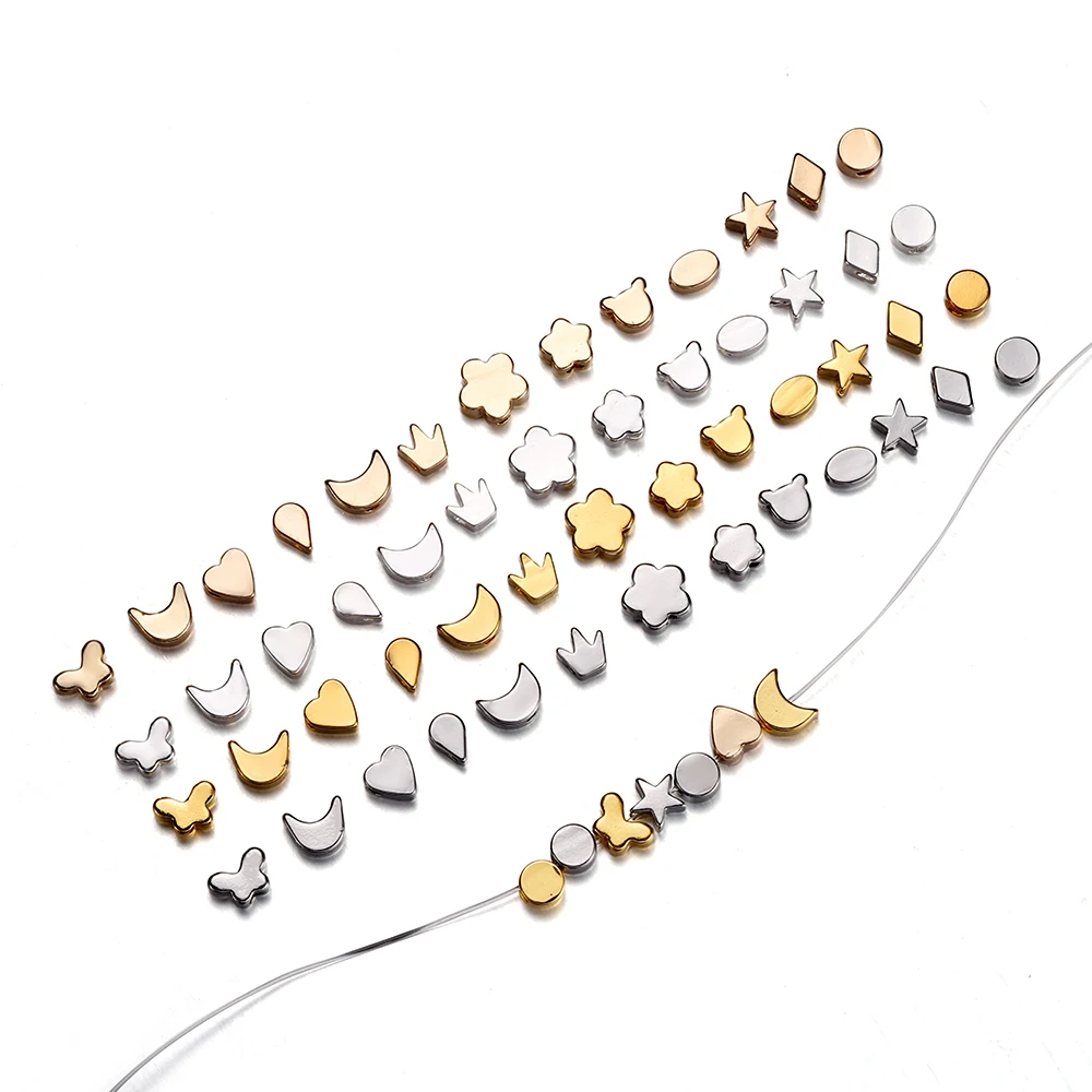 

30Pcs Brass Bead Plated Gold Color Silver Color Star Moon Flower Heart Round Loose Spacer Beads For DIY Jewelry Making Accessory