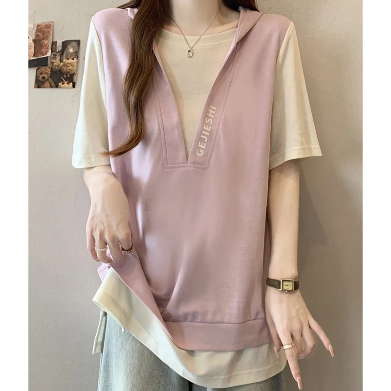 Women Curvy Plus Size Patchwork Hooded Fake Two Piece Tee Summer Letter Print Loose Hide Belly Casual Oversized Short Sleeve Top