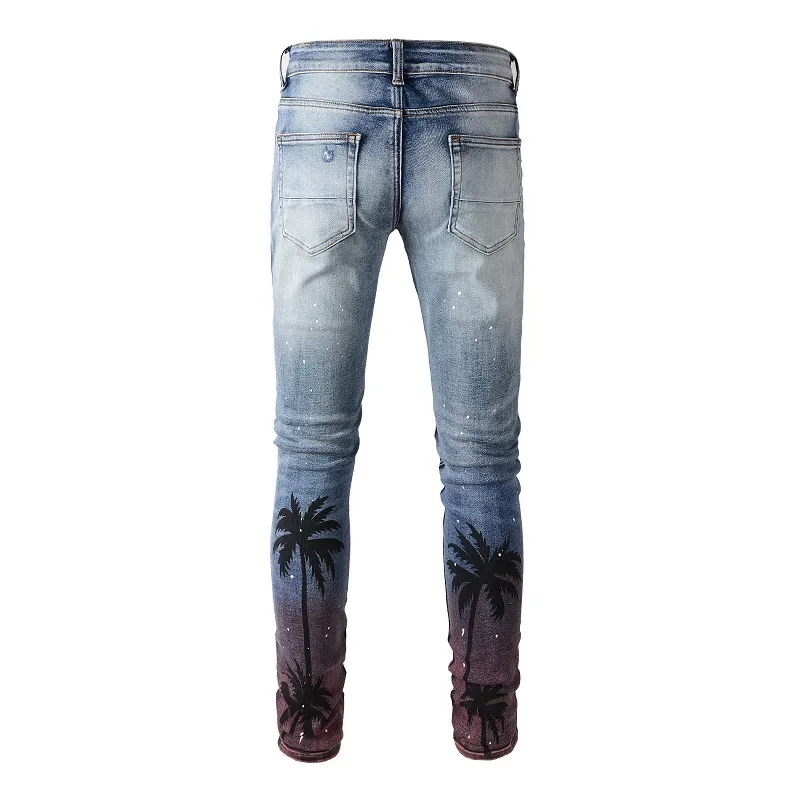 

Men Coconut Palm Print Denim Jeans Streetwear Painted Skinny Tapered Stretch Pants Holes Ripped Distressed Trousers