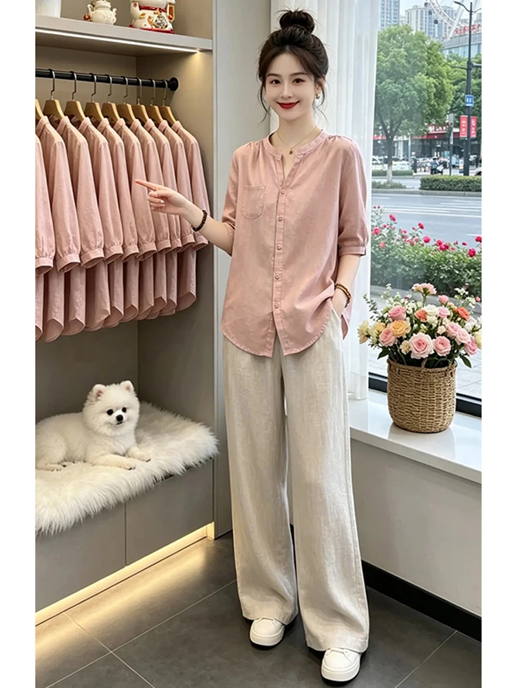 

Elegant V-Neck Short Sleeve Shirt Women's Fashion Commute Style Casual Loose Fit Breathable Comfortable Skin-Friendly Shirt