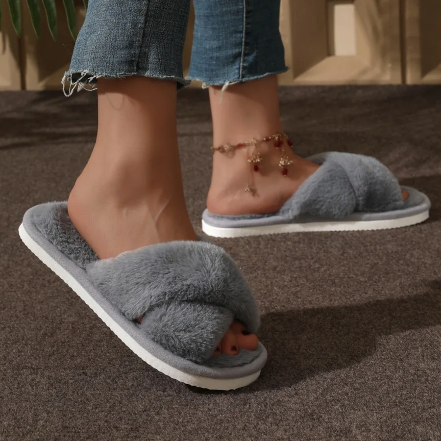 Maison floue croix pantoufle femmes hiver chaud fourrure en peluche intérieur paresseux femme thermique fourrure maison chaussure plat tongs imprimé léopard
