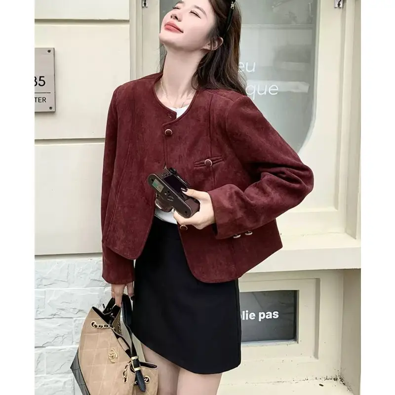 Ankola Red Women's Small Fragrant Style Loose Casual Short Coat 2026 Autumn Women's New Retro Temperament Small Versatile Jacket