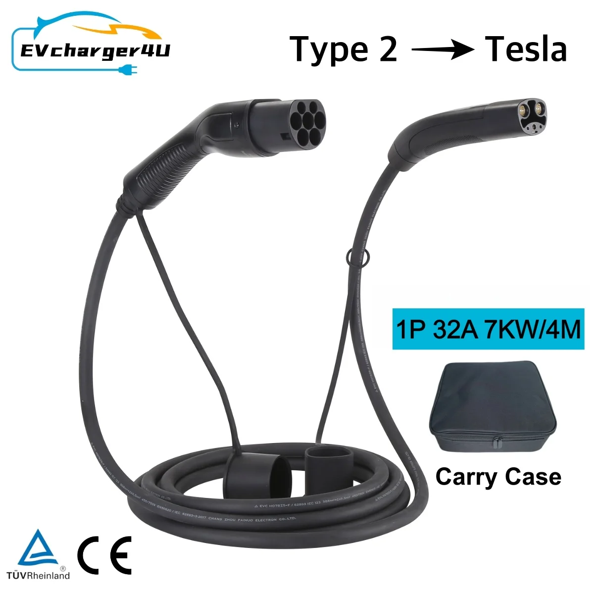 EV-oplader4U Type 2 naar Tesla EV-laadkabel 4M/7M 1-fase 32A 7KW IEC62196 Type 2 NACS-kabel voor Amerikaanse Model 3 X S Y