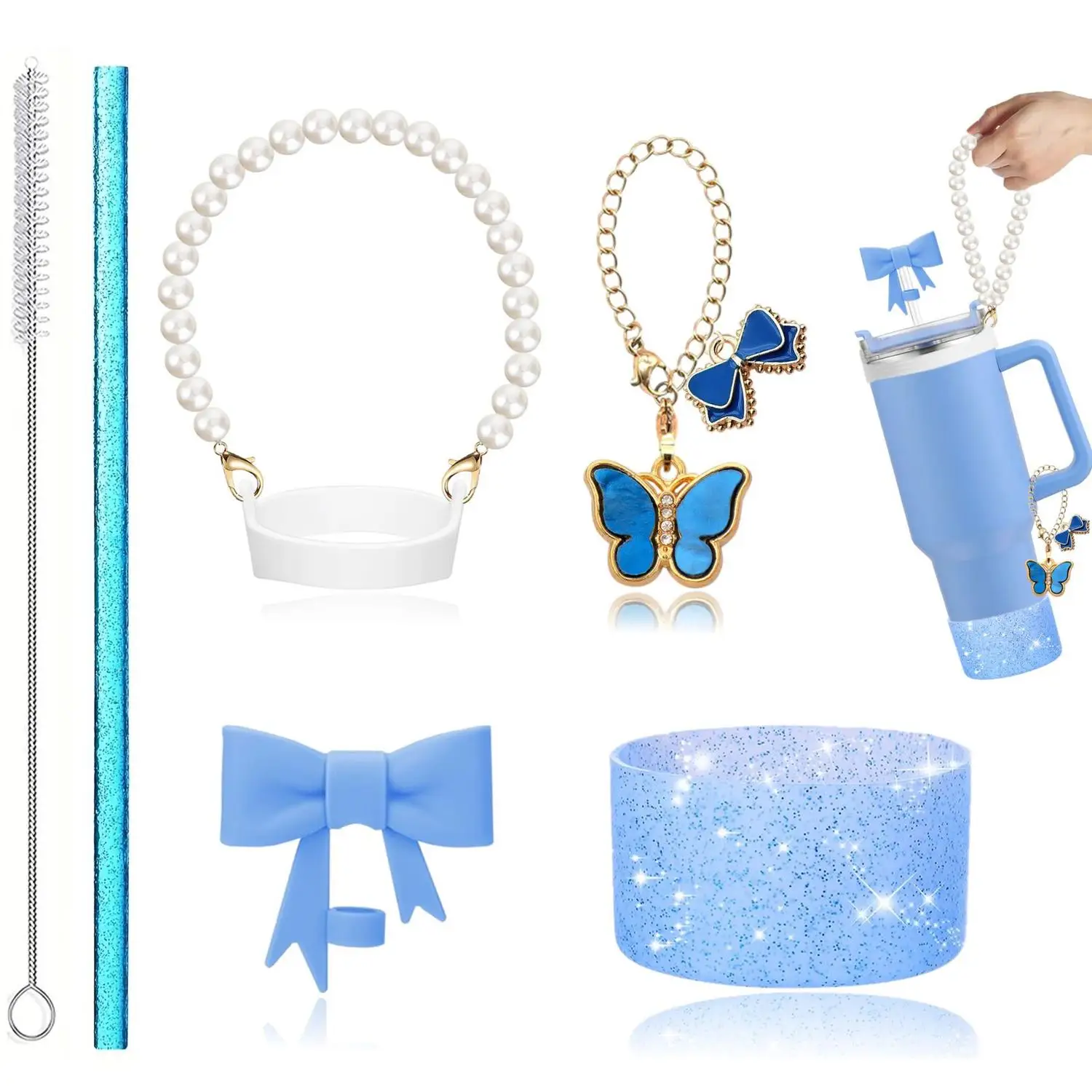 Decorative Pearl Hand Chain Butterfly Pendant Bow Straw Topper Brush Cup Sleeve for Stanley