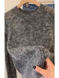 Soft waxy round collar yarn grey 100 pure cashmere sweater women's loose sweater wool bottom knit