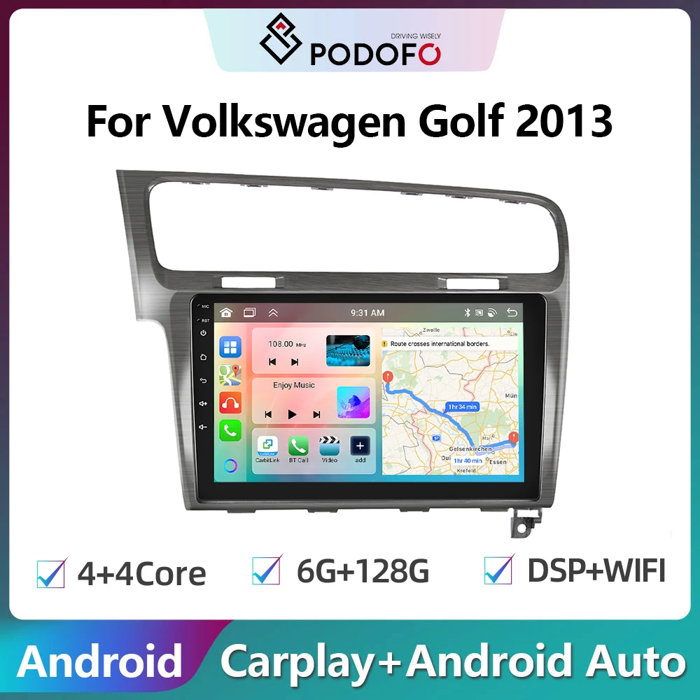 Podofo 2din Android Car Radio For Volkswagen Golf 2013 6G+128G Carplay Stereo Player Autoradio WIFI GPS Navigation FM/RDS