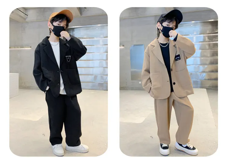 Anzug für Jungen, Blazer + Hose, zweiteilig, schwarz, khaki, Frühling, Herbst, koreanische Kinderkleidung, lässig, formell, weich, für 5 bis 14 Jahre – Detail 2