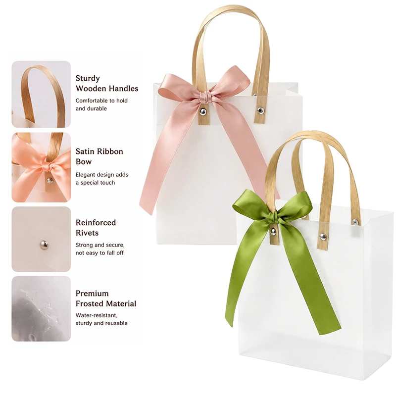 10PCS Frosted Gift Tote Bags Matte Clear Bags with Bow Ribbons Green Pink for Holiday Parties Corporate Events Gifts Package ZYF
