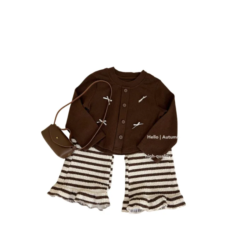 Girls' Autumn and Winter Korean Style New Brown Bowknot Knitted Sweater Top Striped Trousers Two-Piece Suit Fashion