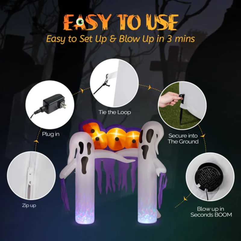 9 Ft witte spookboog met 3 LED-verlichting en 2 kleurrijke lichtpanelen Halloween opblaasbare decoratie