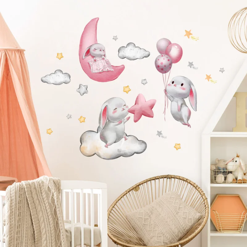 Rabbit Clouds Balloon Stars Wall Sticker Children Bedroom Background Decora Kindergarten Classroom Sticker Antifouling Removable
