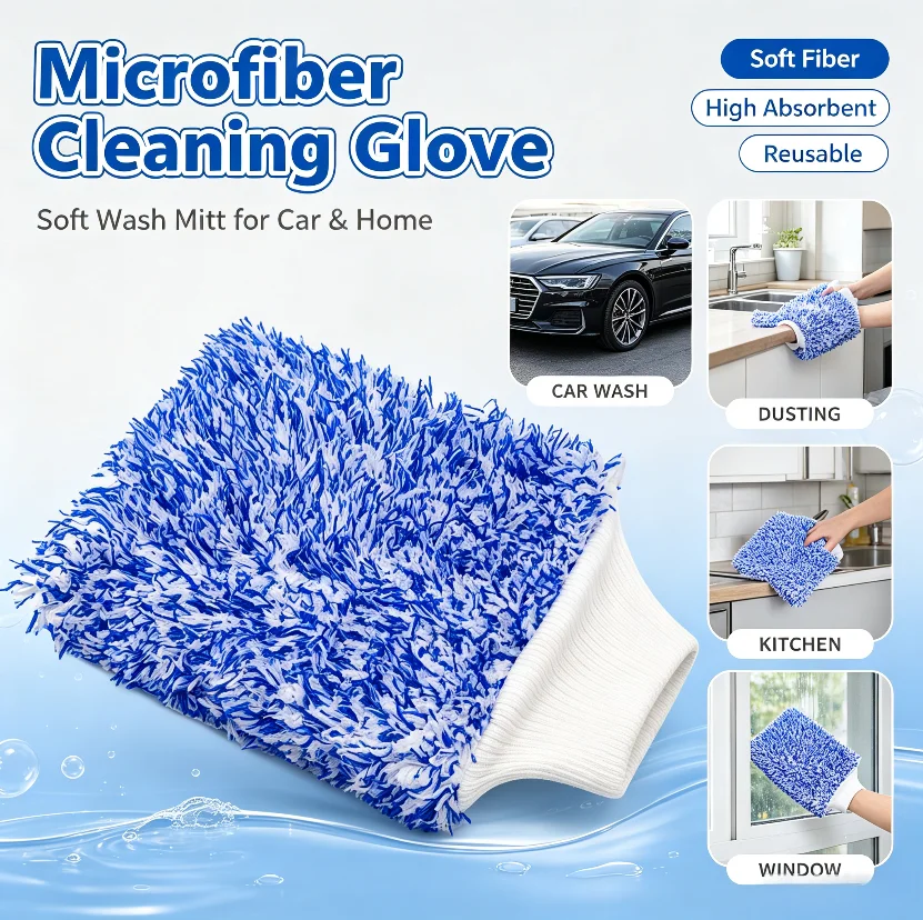 Double-Sided Thick Plush Car Cleaning Gloves Ultra-Fine Fiber Water Absorption Coral Fleece Large Wash Gloves for Auto Detailing