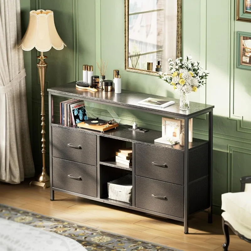 

2025 TV Stand Dresser with Power Outlets and LED Lights, Media Console for 50 43 Inch TV, Dresser with PU Finish, Black