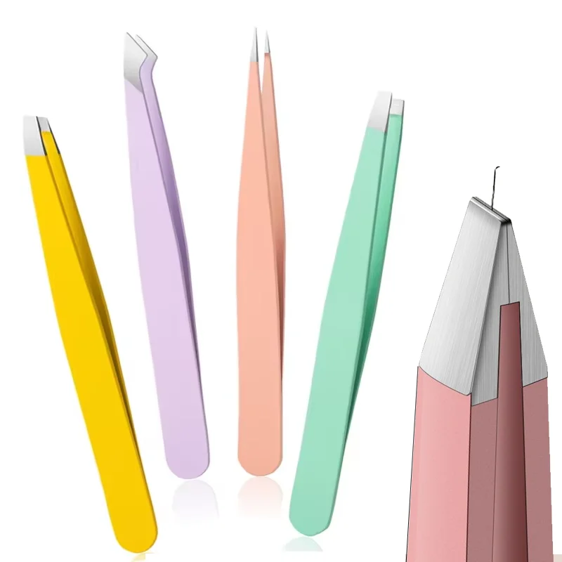4-teiliges professionelles Pinzetten-Set aus Edelstahl mit schrägem und flachem, perfekt für die Augenbrauen-Haarentfernung, Splinter eingewachsene Haarentfernung