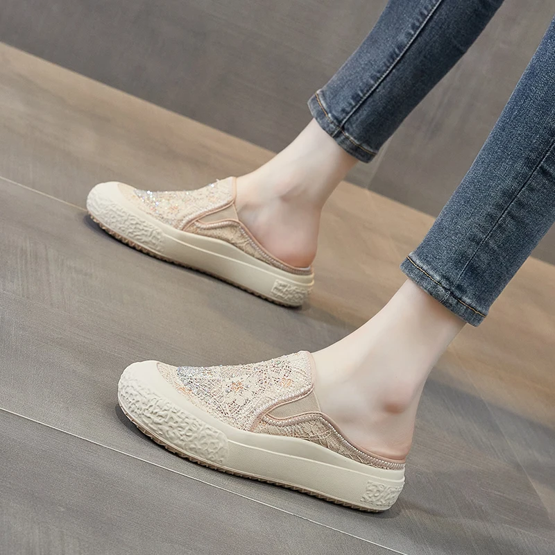 Air Mesh Lace Genuine Leather Comfy Lady Platform Wedge Slippers High Brand Breathable Summer Women Platform Wedge Casual Shoes