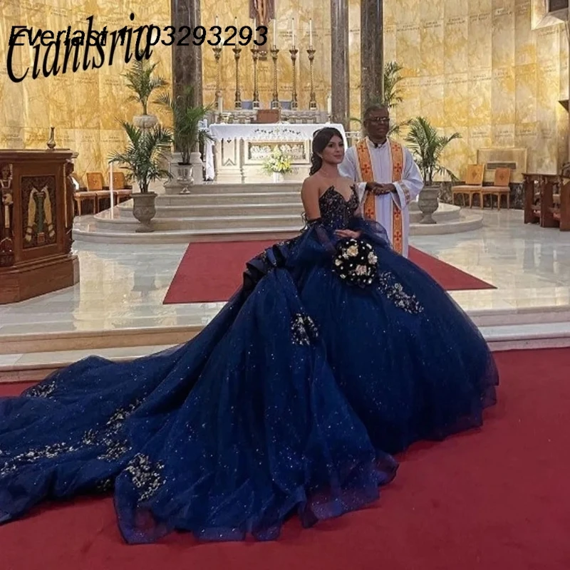 EVLAST Customized Navy Blue Quinceanera Dress Ball Gown Lace Applique Beading Mexican Sweet 16 Vestido De 15 Anos TQD329