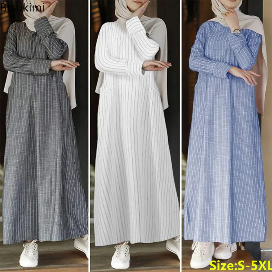 

Women Muslim Long -sleeved Robe Vintage Cotton Linen Striped Pocket A-line Long Skirt Casual Dubai Abayas for Women Muslim Dress