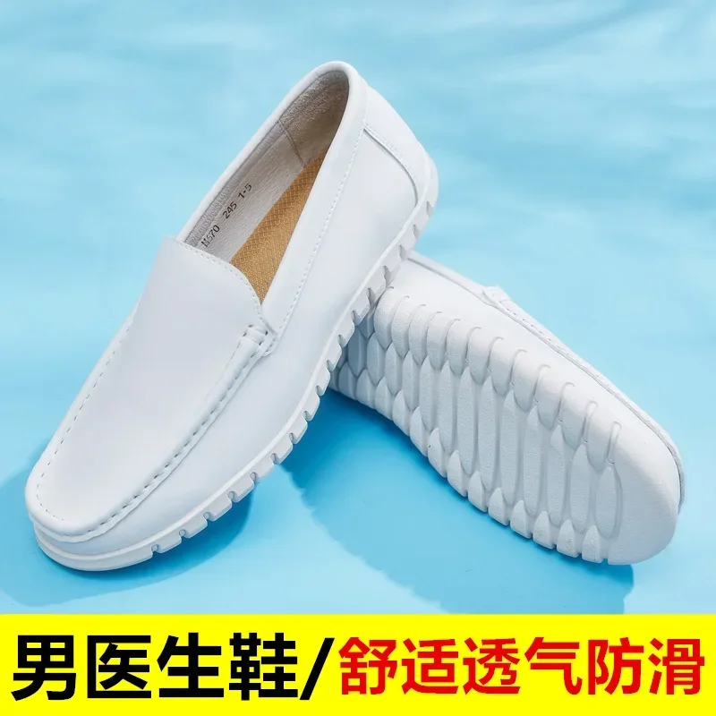 Zapatos de enfermera para hombre, calzado blanco de médico con tacón plano, suela suave antideslizante, para trabajo, primavera y verano, par de cuero transpirable