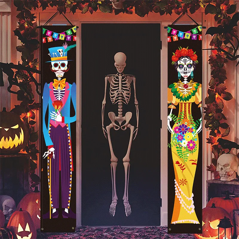 Mexican Day of the Dead Porch Sign Door Hanging Couplet Banner Dia de los Muertos Ghost Bride Groom Home Porch Sign Banner