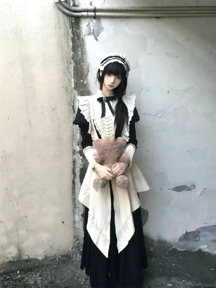 Y2k Zware Gothic Lolita Lange Mouw Jurk Voor Vrouwen 2023 Nieuwe Onregelmatige Meid Schort Twee Stukken Sets Dark Academia kleding