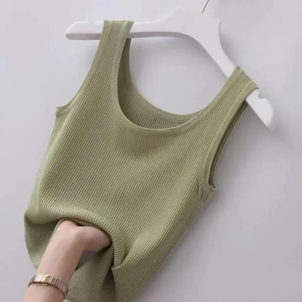 2024 Polyester Sexy Sleeveless Camisole Basic Top T-Shirt Spring Knitted Tank Solid Color Streetwear Tees Summer Camisole Women