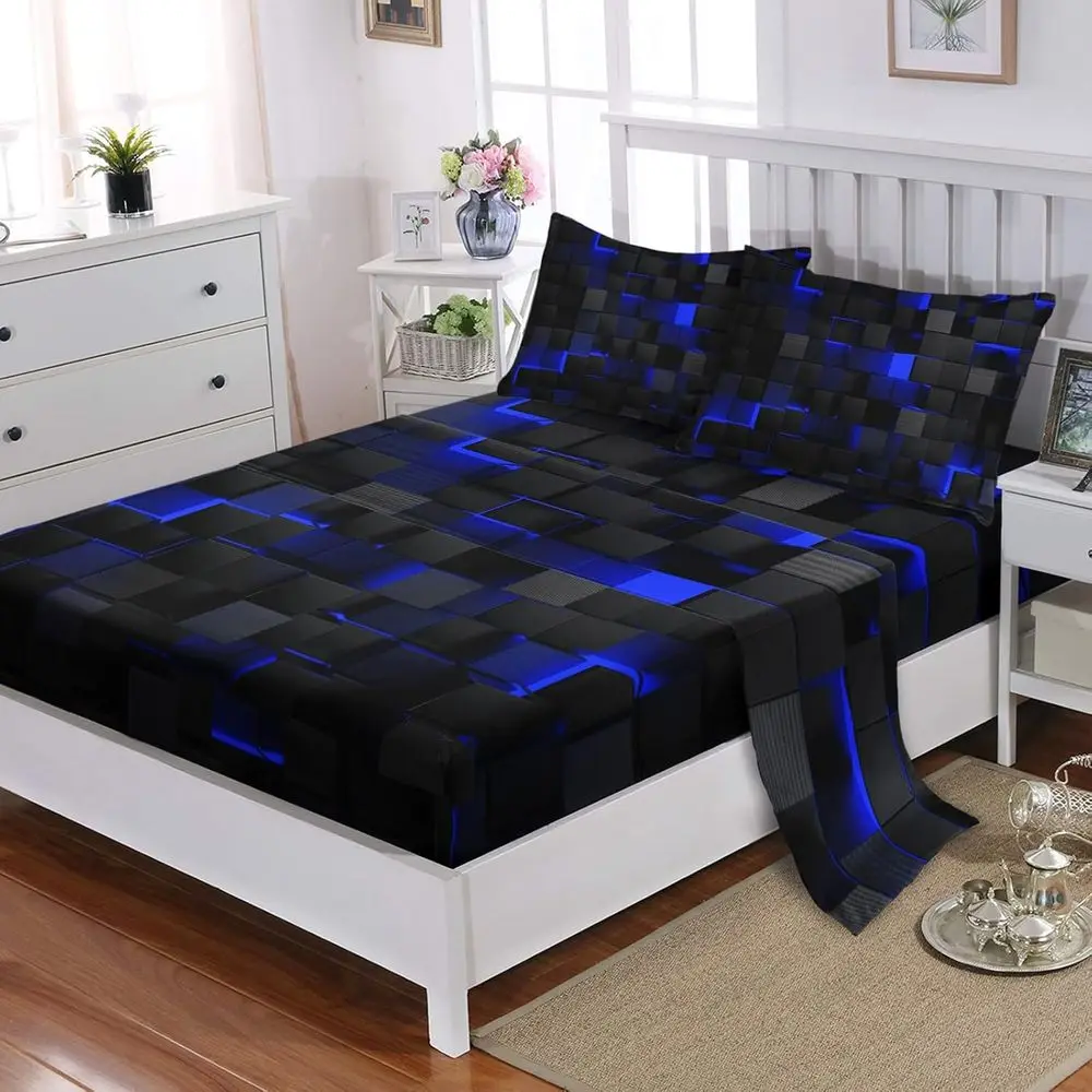 طقم ملاءات سرير مكون من 4 قطع بتصميم هندسي مقاس مزدوج، ملاءة سرير زرقاء سوداء مع جيوب عميقة مقاس 16 بوصة للأطفال والكبار