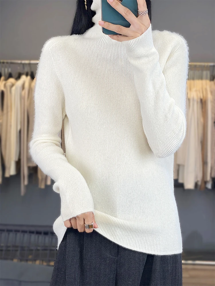 New Arrival Autumn Winter Ladies 100% Merino Wool Turtleneck Pullover Slim‑Fit Solid Color Korean‑Inspired Warm Knitwear Tops