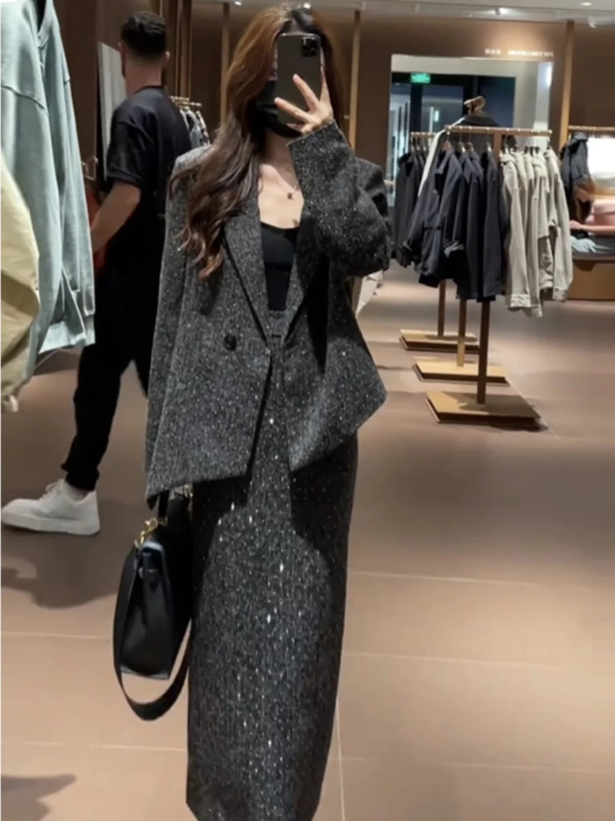 Spring Fashion Diamond Embedded Women\'s Suit Set High Waist Skirt And Jacket Two-Piece Set Luxury Style Long Sleeve Button up